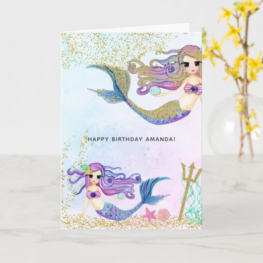 Mermaidをテーマにした誕生日グリーティング カード (黄色い花)