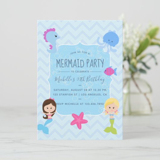 Mermaidをテーマにした誕生日パーティーに写真の招待を追加 招待状 (スタンド正面)