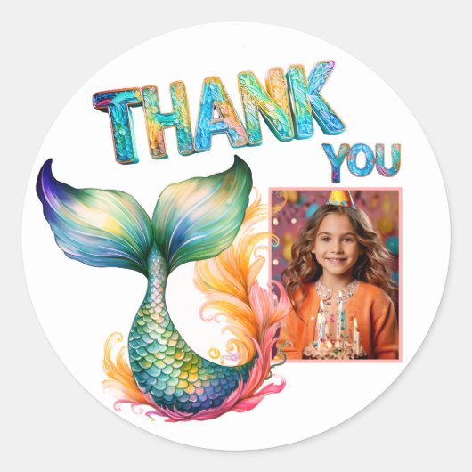 Mermaidカラフル誕生日Thank you Girl写真 ラウンドシール (正面)