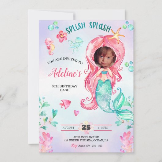Mermaid水彩写真を追加誕生日かわいい 招待状 (正面)