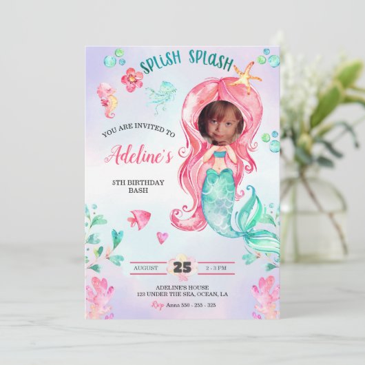 Mermaid水彩写真を追加誕生日かわいい 招待状 (スタンド正面)