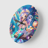 Mermaid海ウォールクロック – 編集可能な名前 ラウンド壁時計 (傾斜)