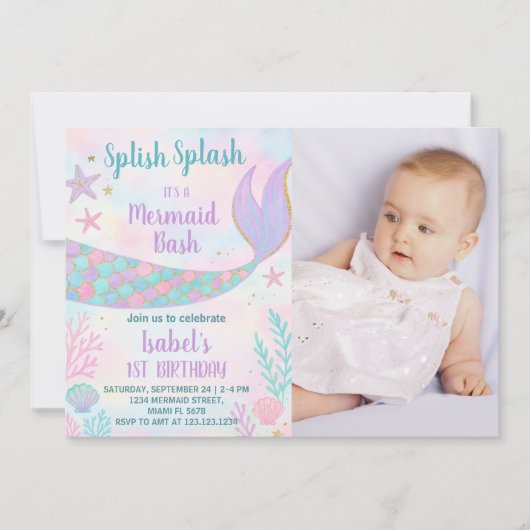 Mermaid誕生日招待状と写真 招待状 (正面)