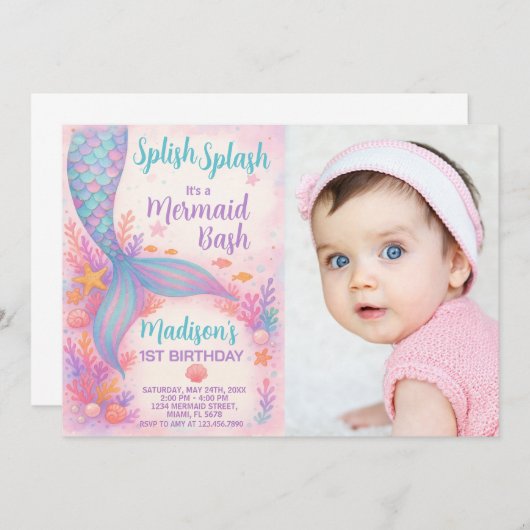 Mermaid誕生日招待状と写真 招待状 (正面/裏面)