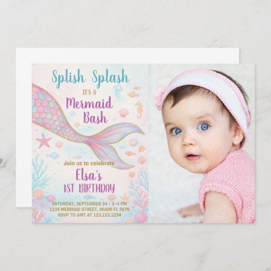 Mermaid誕生日招待状と写真 招待状 (正面/裏面)