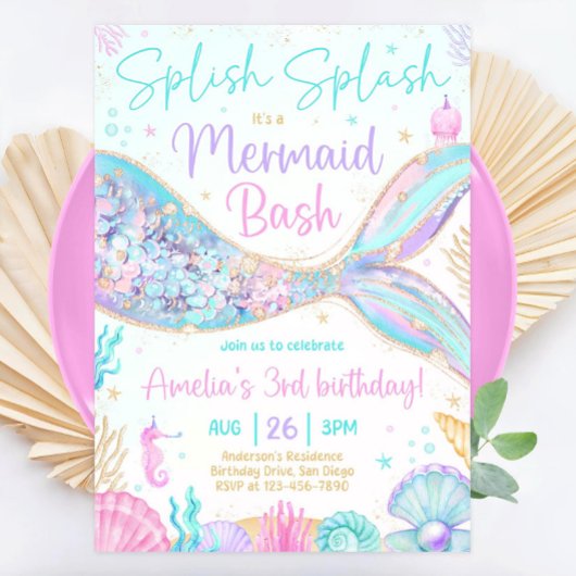 Mermaid誕生日招待状、編集可能なMermaid Bash 招待状