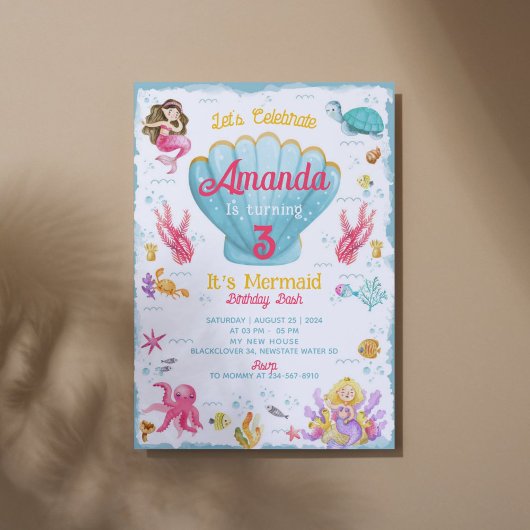 Mermaid誕生日Bashパーティー編集可能招待状 招待状