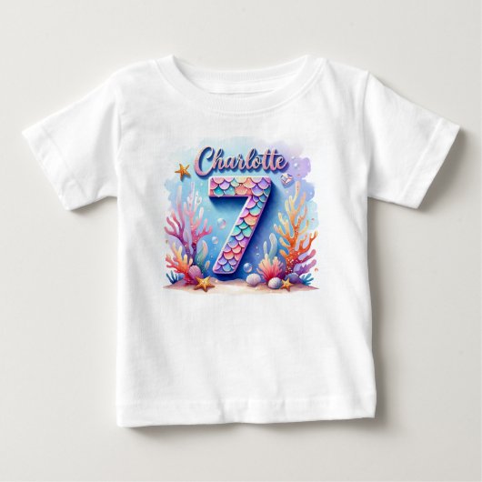 Mermaid誕生日Tシャツ – 名パーソナライズされた前&年齢 ベビーTシャツ (正面)