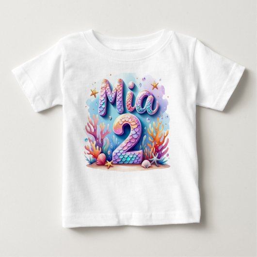 Mermaid誕生日Tシャツ – 名パーソナライズされた前&年齢 ベビーTシャツ (正面)