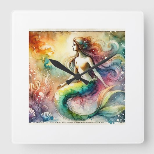 Mermaid 190624AREF102 - Watercolor スクエア壁時計 (正面)