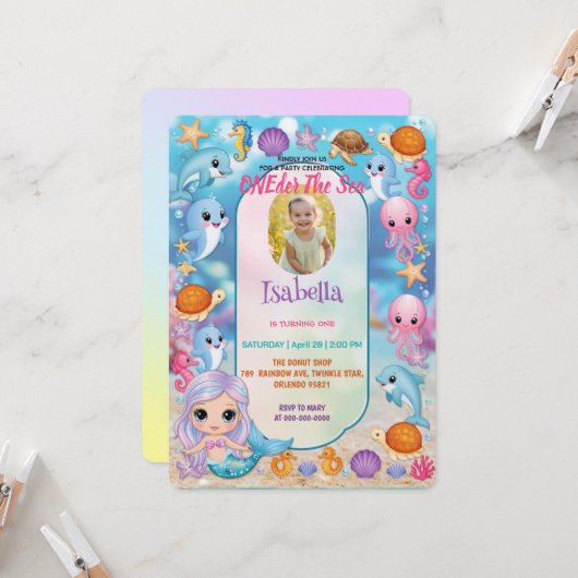 Mermaid 1stパーティー海の誕生日の下の写真 招待状 (正面/裏面インサイチュ)