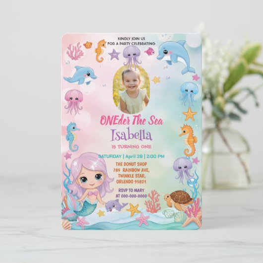Mermaid 1stフォトオンダー海誕生日 招待状 (スタンド正面)
