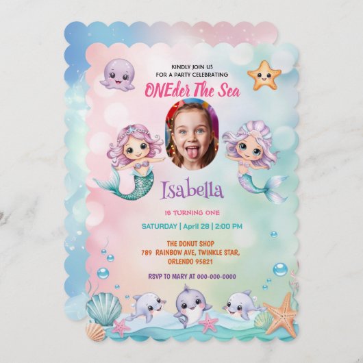Mermaid 1stフォトオンダー海誕生日 招待状 (正面/裏面)