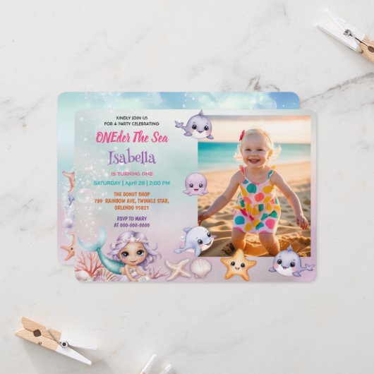 Mermaid 1st写真海の誕生日の下 招待状 (正面/裏面インサイチュ)