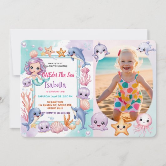 Mermaid 1st写真海の誕生日の下 招待状 (正面)