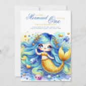 Mermaid 1st誕生日または編集AGEティール(緑がかった色)ゴールドビューティフ 招待状 (正面)