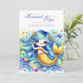 Mermaid 1st誕生日または編集AGEティール(緑がかった色)ゴールドビューティフ 招待状 (スタンド正面)