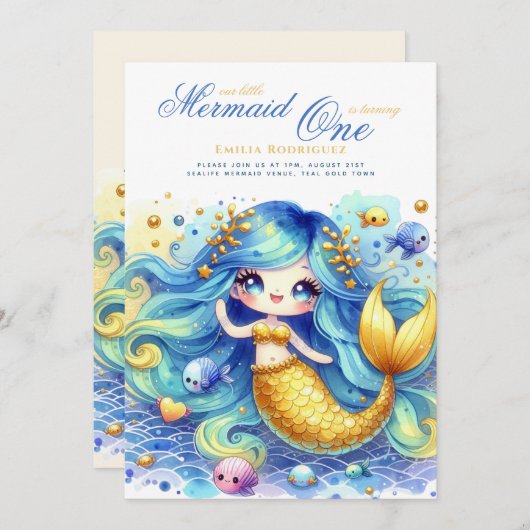 Mermaid 1st誕生日または編集AGEティール(緑がかった色)ゴールドビューティフ 招待状 (正面/裏面)