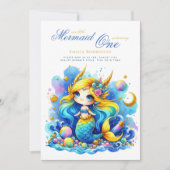 Mermaid 1st誕生日または編集AGEティール（緑がかった色）ゴールドビューティフ 招待状 (正面)