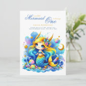 Mermaid 1st誕生日または編集AGEティール（緑がかった色）ゴールドビューティフ 招待状 (スタンド正面)