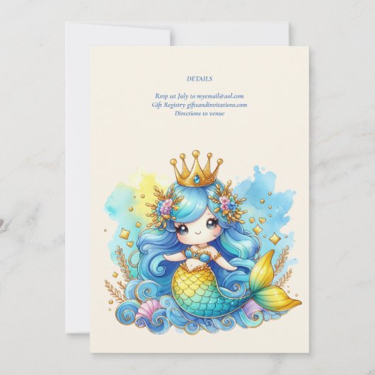 Mermaid 1st誕生日または編集AGEティール(緑がかった色)ゴールドビューティフ 招待状 (裏面)