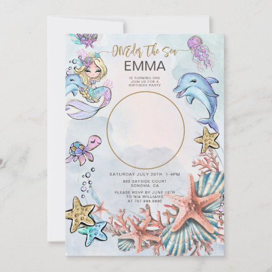 Mermaid 1st誕生日パーティー写真OneDer The Sea 招待状 (正面)