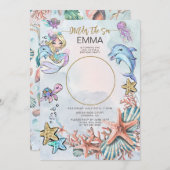 Mermaid 1st誕生日パーティー写真OneDer The Sea 招待状 (正面/裏面)