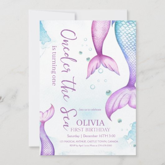 Mermaid 1st Birthday Girls Onder The Sea Mermaid 招待状 (正面)