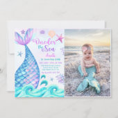 Mermaid 1st Birthday Oneder The Seaパーティー写真 招待状 (正面)