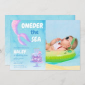 Mermaid 1st Birthday OneDer the sea Blue Photo 招待状 (正面/裏面)