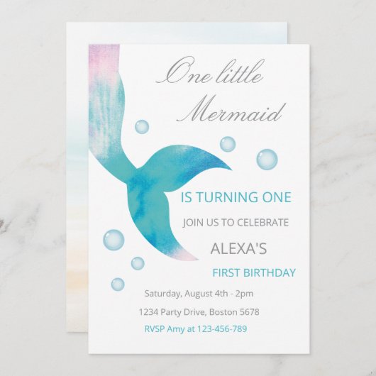 Mermaid 1st Birthday Under The Sea Mermaid Party 招待状 (正面/裏面)
