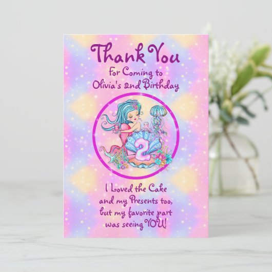 Mermaid 2nd誕生日の変更の編集文字のパーソナライズ サンキューカード (スタンド正面)