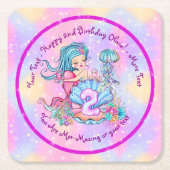 Mermaid 2nd誕生日の変更の編集文字のパーソナライズ スクエアペーパーコースター (正面)