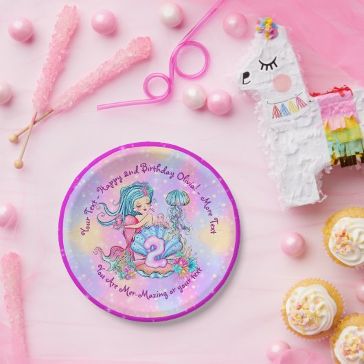 Mermaid 2nd誕生日の変更の編集文字のパーソナライズ ペーパープレート (パーティー)