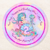 Mermaid 2nd誕生日の変更の編集文字のパーソナライズ ラウンドペーパーコースター (正面)