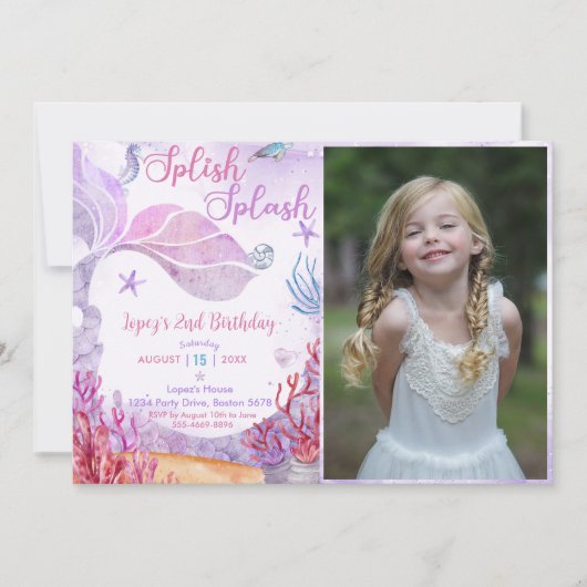 Mermaid 2nd Birthday Splishスプラッシュパーティー写真 招待状 (正面)