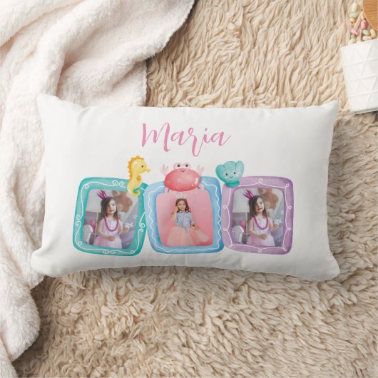 Mermaid 3 Photo Collage Kidの名前 ランバークッション (ブランケット)