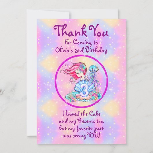 Mermaid 3rd誕生日の変更の編集文字のパーソナライズ サンキューカード (正面)