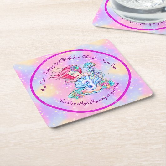 Mermaid 3rd誕生日の変更の編集文字のパーソナライズ スクエアペーパーコースター (アングル)