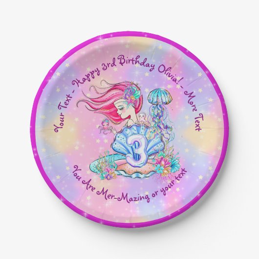 Mermaid 3rd誕生日の変更の編集文字のパーソナライズ ペーパープレート (正面)