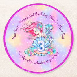 Mermaid 3rd誕生日の変更の編集文字のパーソナライズ ラウンドペーパーコースター