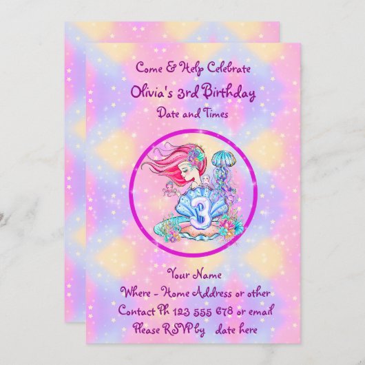 Mermaid 3rd誕生日の変更の編集文字のパーソナライズ 招待状 (正面/裏面)