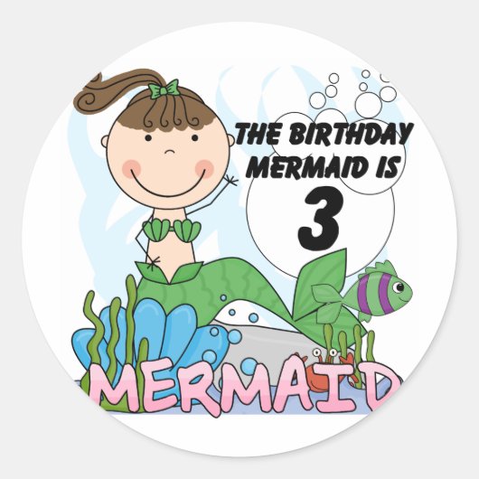 Mermaid 3rd誕生日Tシャツとギフト ラウンドシール (正面)