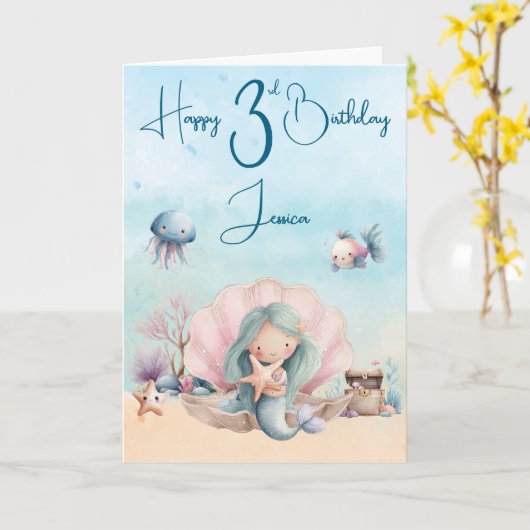 Mermaid 3rd Birthday Folded Greeting Card カード (黄色い花)