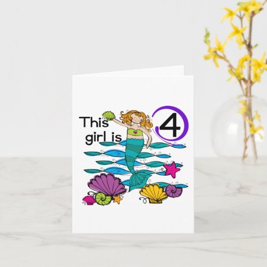 Mermaid 4th誕生日Tシャツとギフト カード (黄色い花)