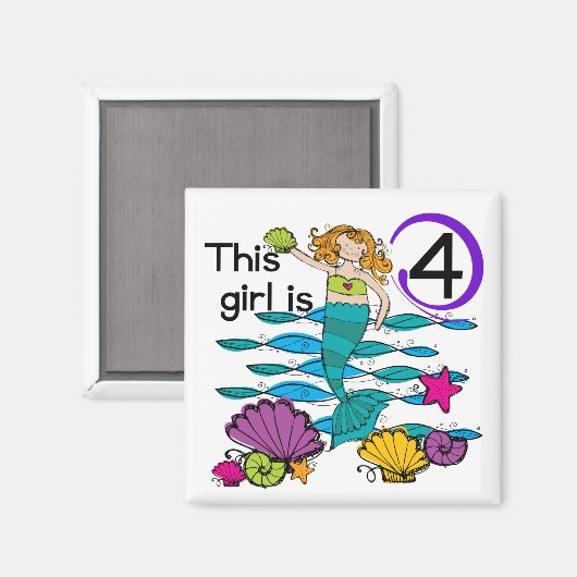 Mermaid 4th誕生日Tシャツとギフト マグネット (正面/裏面)
