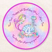 Mermaid 4th Birthday Change編集文字パーソナライズ ラウンドペーパーコースター (正面)