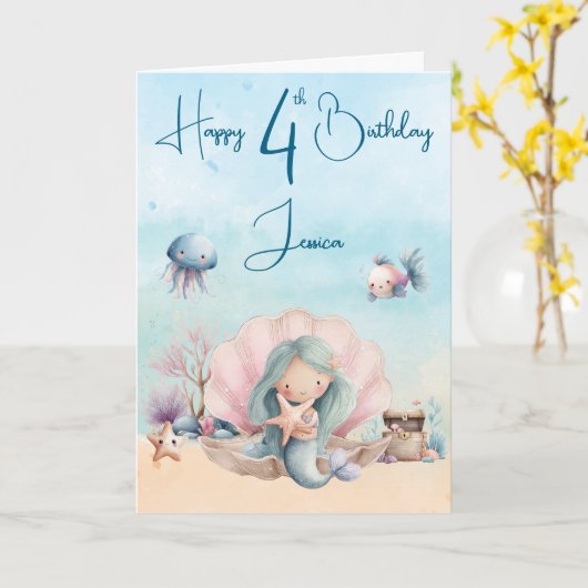 Mermaid 4th Birthday Folded Greeting Card カード (黄色い花)