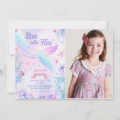 Mermaid 5th誕生日ダイビングへ5つのパーティー写真 招待状 (正面)