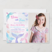 Mermaid 5th誕生日ダイビングへ5つのパーティー写真 招待状 (正面)